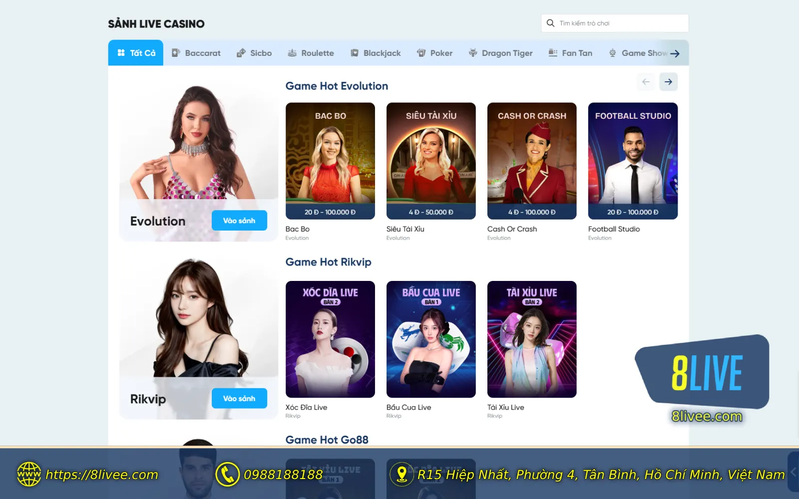 Giao dien Sanh Live Casino 8LIVE